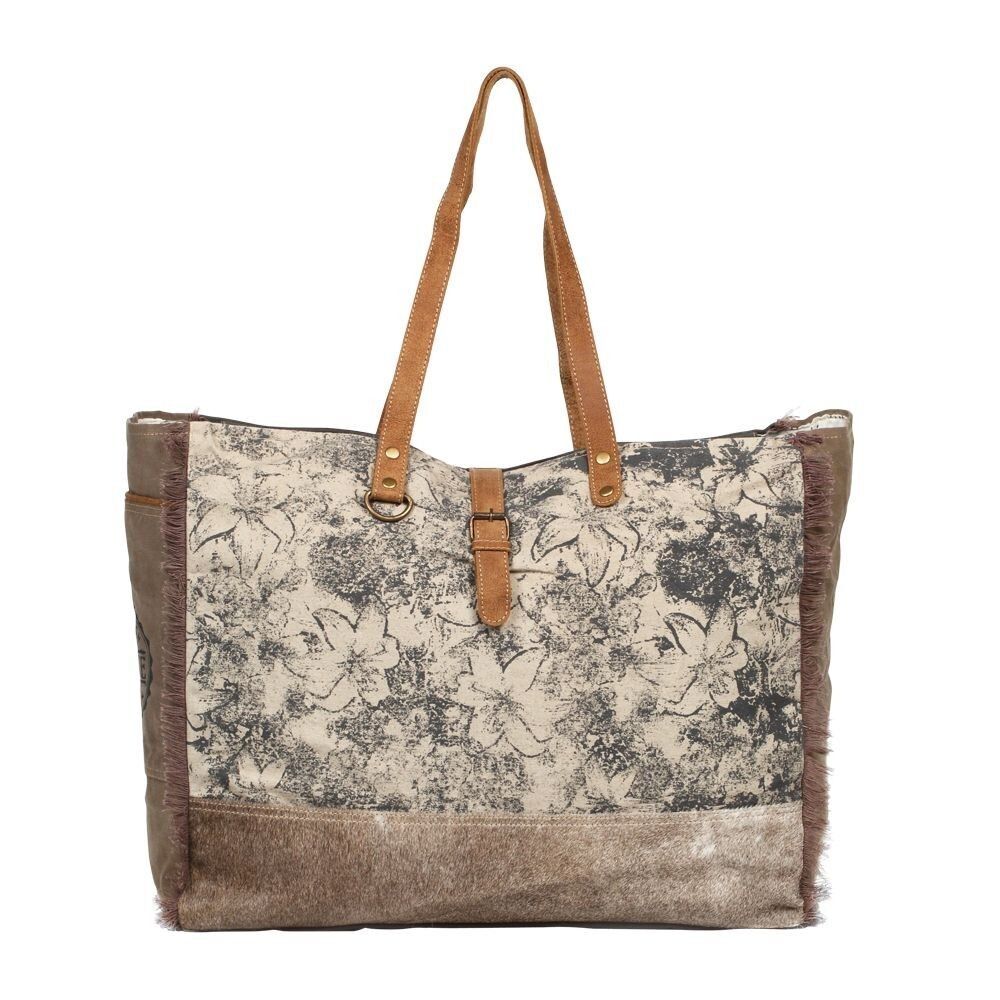 Myra Bag Handmade Floweret Weekender Tote Bag Upcycled Canvas & Cowhide Leather - Picture 3 of 4